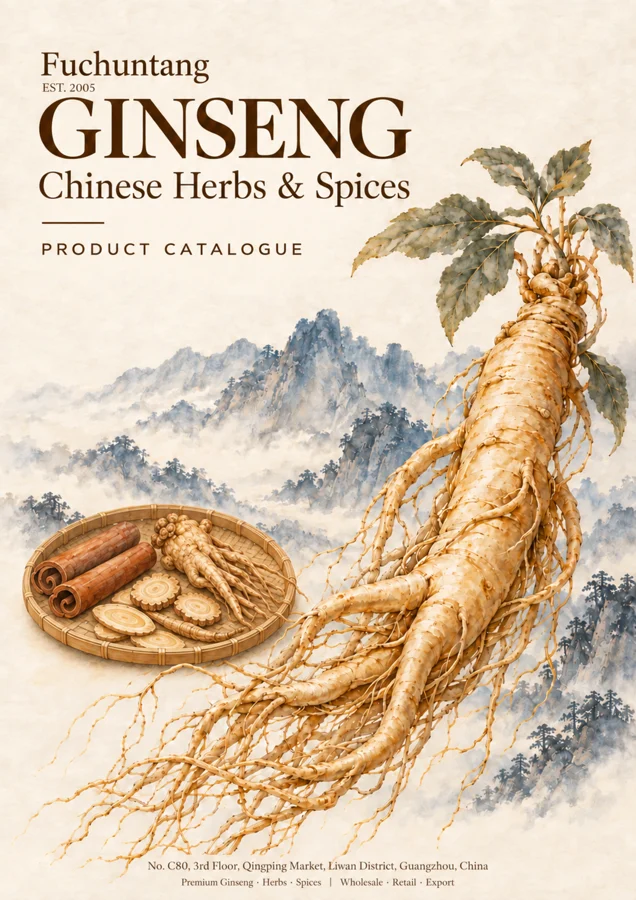 Fuchuntang catalogue cover featuring ginseng and an ink-wash mountain landscape
